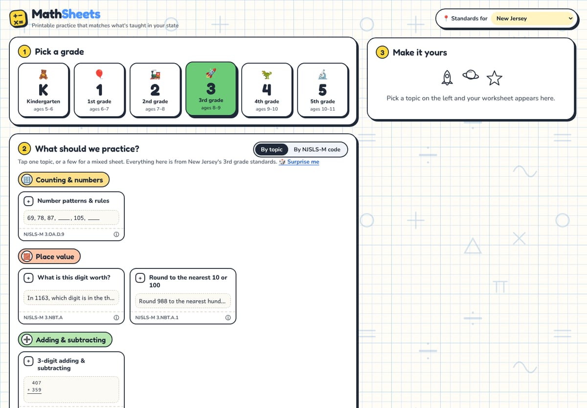 MathSheets worksheet picker